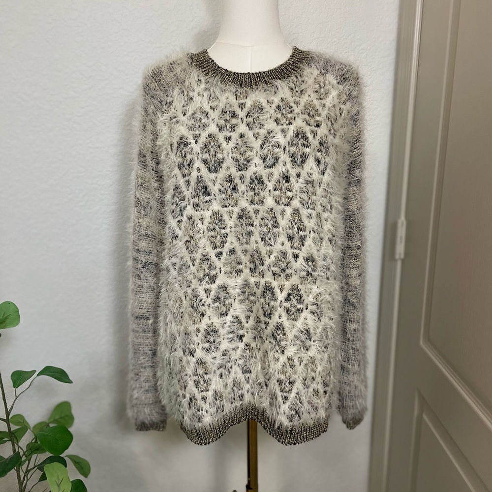 Black Rivet Metallic Fuzzy Sweater Women’s Large Cream Black Gold Shaggy Knit